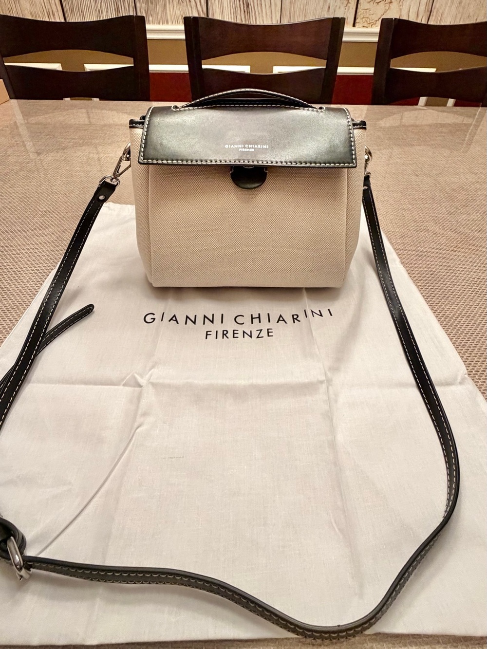 Gianni Chiarini Beige Clio Canvas & Black Leather Crossbody Bag Made in Italy